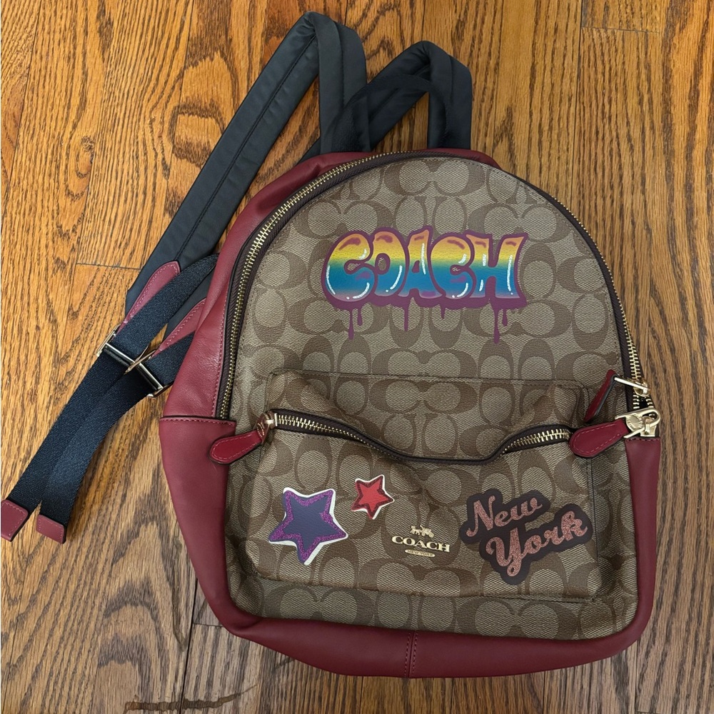 Coach Brown Signature Canvas Backpack with Burgundy Trim and Multicolor Patches